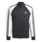 Black and white Adidas tracksuit jacket on a light gray background