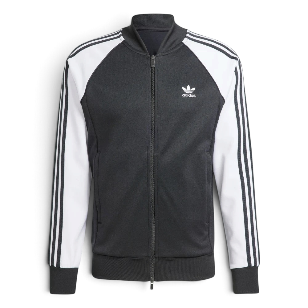 Black and white Adidas tracksuit jacket on a light gray background