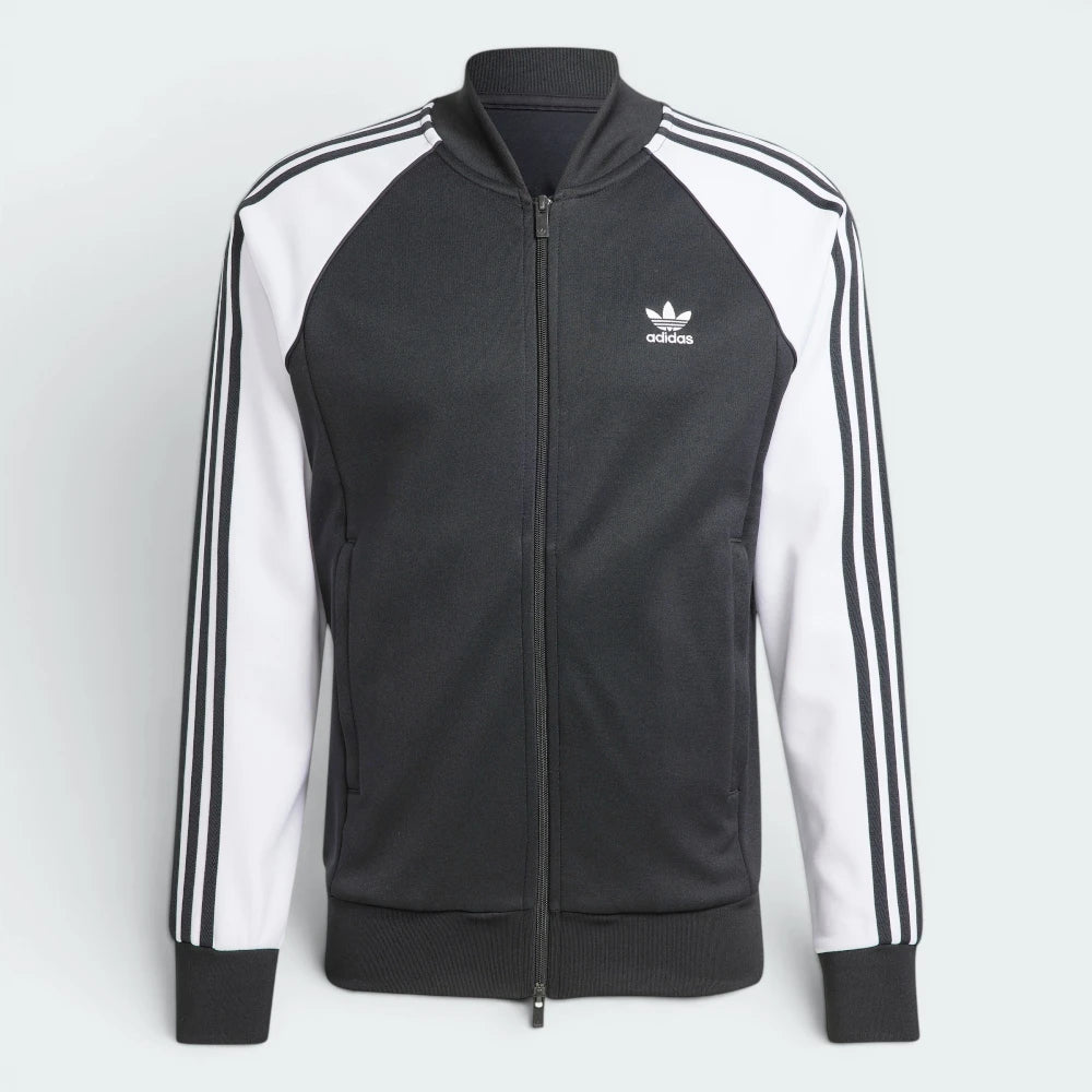 Black and white Adidas tracksuit jacket on a light gray background