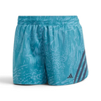 Top-down view of the Adidas IL1741 shorts laid flat, showcasing the vibrant blue and teal graphic pattern and the elasticated waistband.