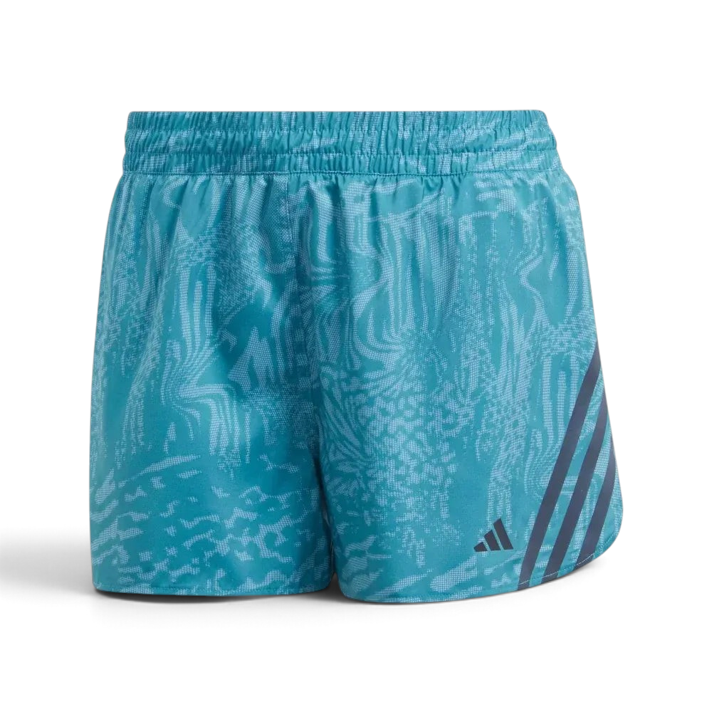 Top-down view of the Adidas IL1741 shorts laid flat, showcasing the vibrant blue and teal graphic pattern and the elasticated waistband.
