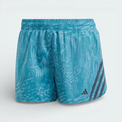 Top-down view of the Adidas IL1741 shorts laid flat, showcasing the vibrant blue and teal graphic pattern and the elasticated waistband.