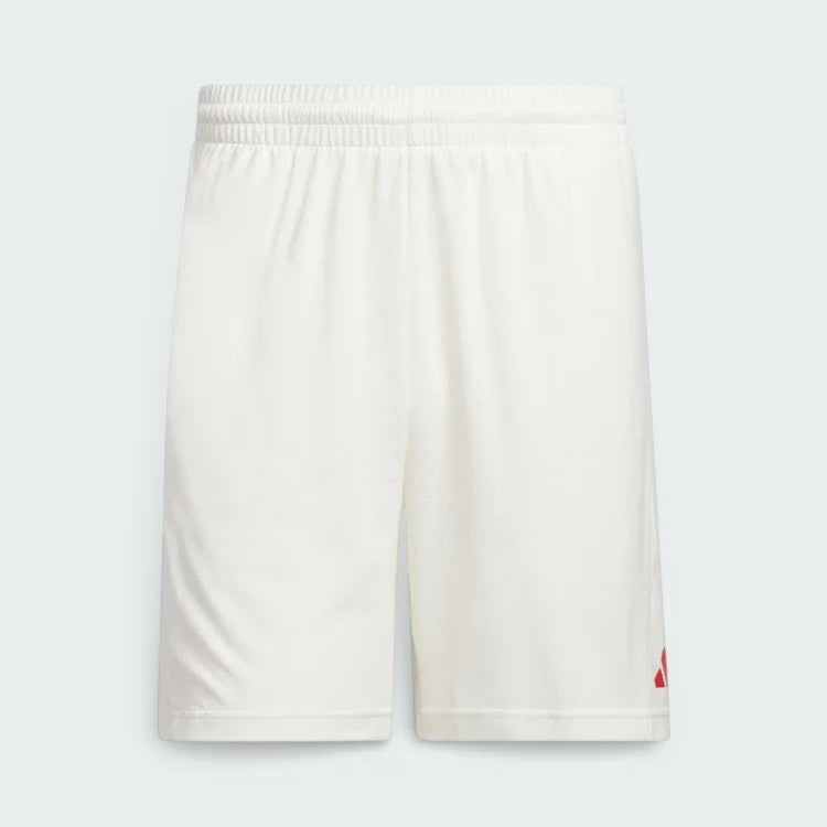 White adidas Badge of Sport Basketball shorts front shown on an invisible mannequin 