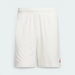 White adidas Badge of Sport Basketball shorts front shown on an invisible mannequin 