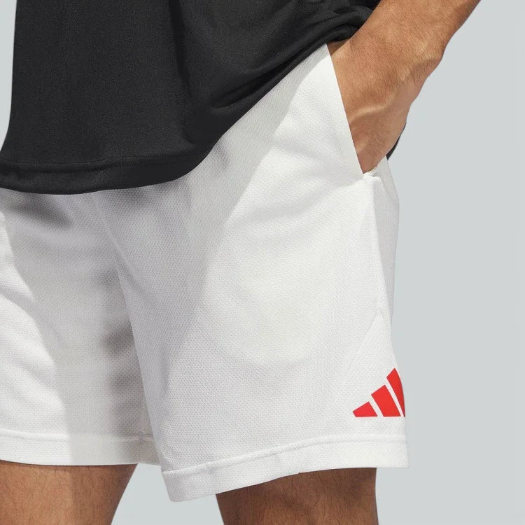 White adidas Badge of Sport Basketball shorts detail image showing the open pockets