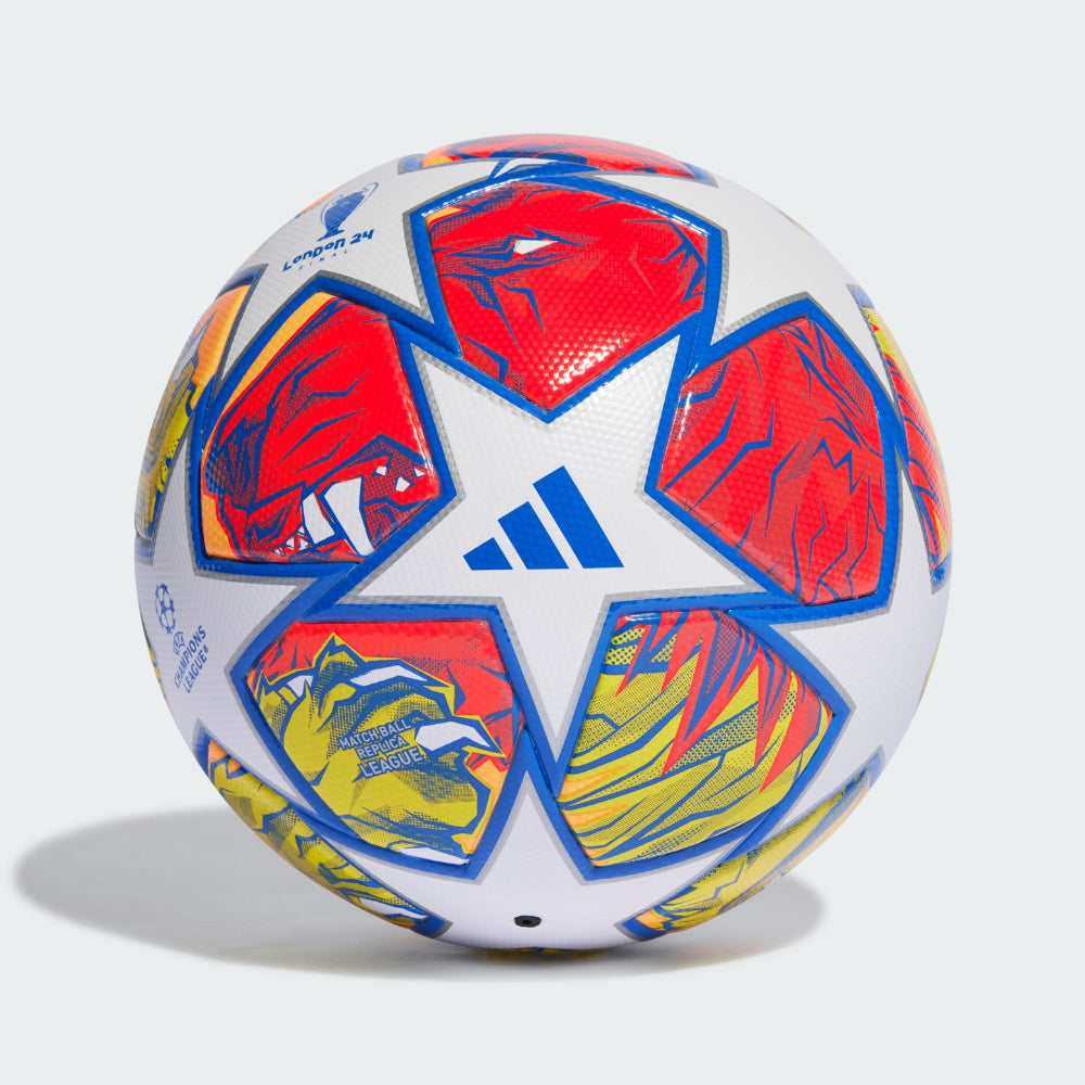 Side profile of the London UCL League ball, highlighting the Glow Blue lion graphics and the Flash Orange accents.