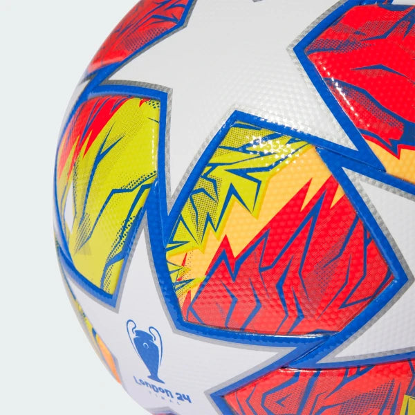 Zoom looking at the front of the ball and the printed UCL logo, highlighting the smooth texture of the recycled TPU.