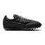 Capturing the 1970s low-profile track silhouette, detailing the anthracite stuffed leather upper, light bone leather overlays, crisp sidewall Swoosh, vintage sail foam wedge midsole, and studded black rubber waffle outsole edge.