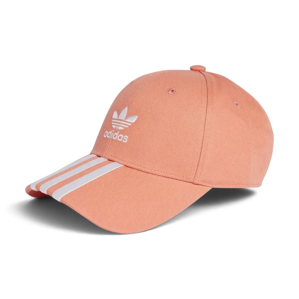 Peach-colored Adidas cap with white stripes on a light gray background