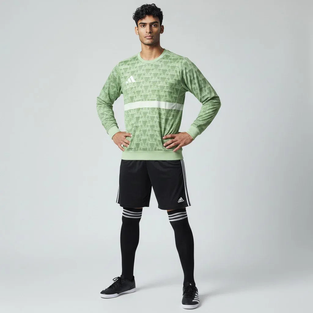 Man wearing the Adidas Handball Goalkeeper Long Sleeve Jersey in green, demonstrating its fit for athletic movement. Main image