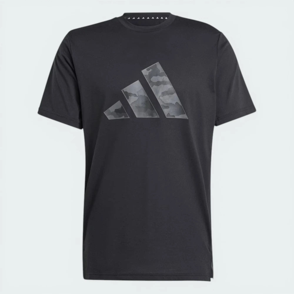 Top-down view of the tee laid flat, highlighting the large 3-Bar Logo on the chest with its detailed camouflage infill.