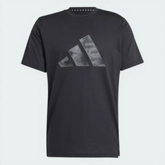 Top-down view of the tee laid flat, highlighting the large 3-Bar Logo on the chest with its detailed camouflage infill.
