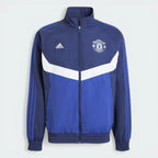 Looking down at the full-zip front and the high stand-up collar with the Trefoil and crest branding.