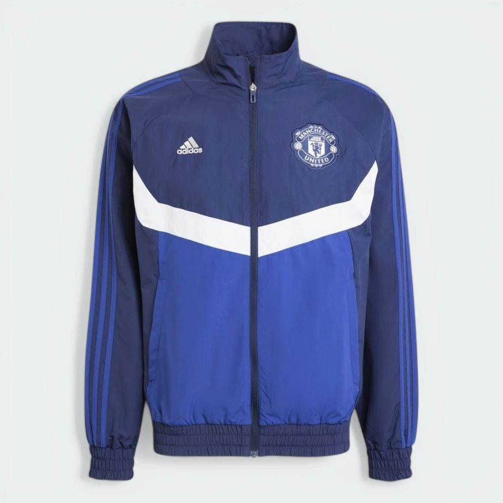 Looking down at the full-zip front and the high stand-up collar with the Trefoil and crest branding.