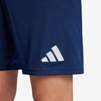 Navy blue shorts with a white Adidas logo on a light gray background