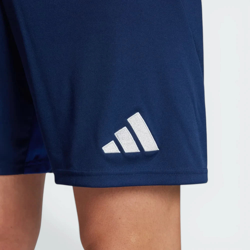 Navy blue shorts with a white Adidas logo on a light gray background
