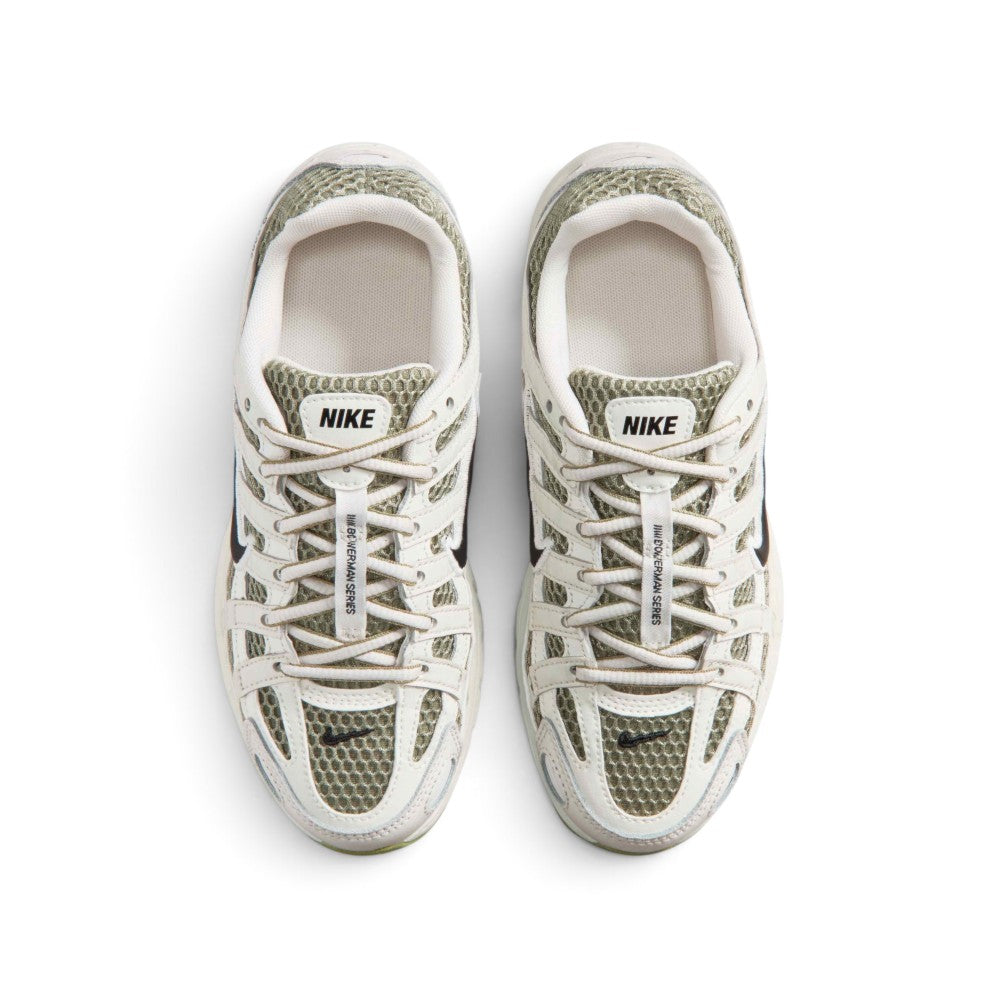 Focuses on the locked-in central lacing layout, displaying the olive mesh tongues, tonal laces, padded Sail ankle collars, and insoles printed with classic Nike P-6000 graphics.