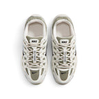 Focuses on the locked-in central lacing layout, displaying the olive mesh tongues, tonal laces, padded Sail ankle collars, and insoles printed with classic Nike P-6000 graphics.