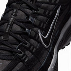 Focusing on the Breathable Open-Hole Mesh Toe Box, Layered Anthracite Cross-Overlays, and Branded Tongue Webbing, demonstrating the upper airflow channels, structural containment boundaries, and refined finish as the stylish final detail.