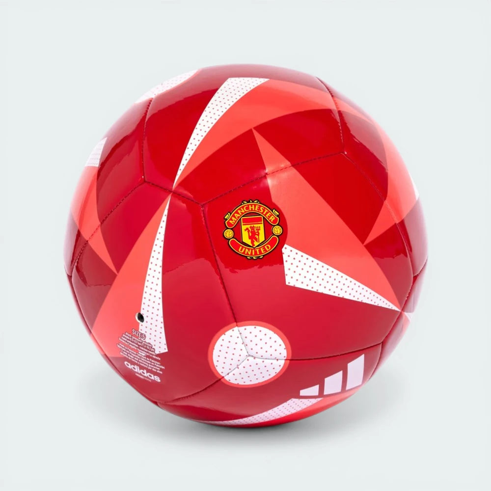 Side profile of the MUFC Red Adidas ball, highlighting the printed Manchester United crest and white accents.