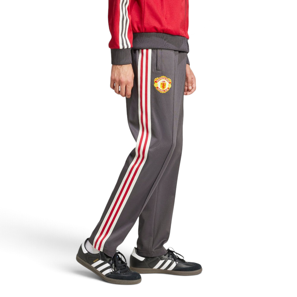Person wearing gray tracksuit pants with red and white stripes and a visible logo, standing against a light gray background.
