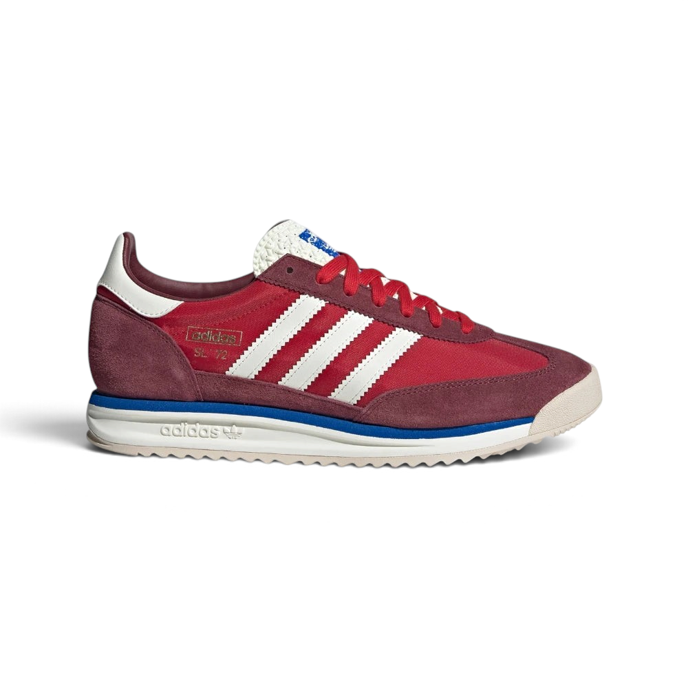Highlights the high-velocity blue streak slashing across the professional depth of the Off White midsole and the rich tone of the Shadow Red nylon body.