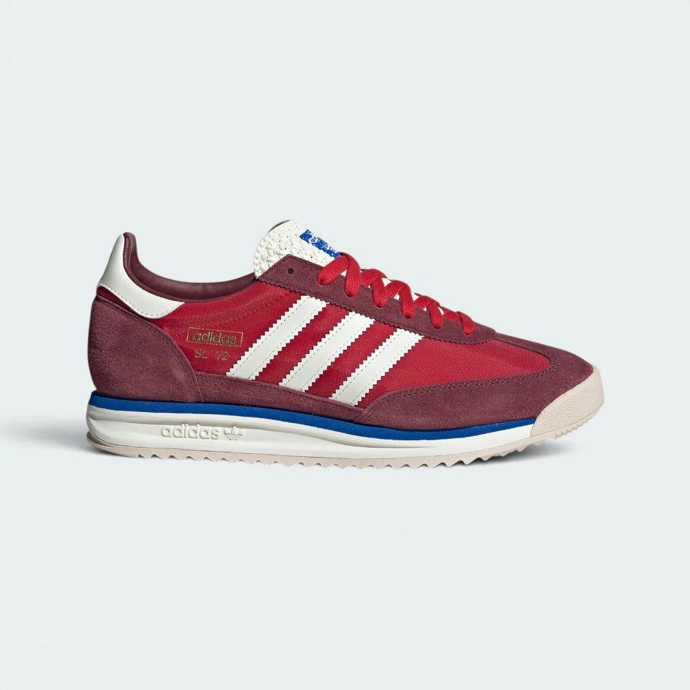 Highlights the high-velocity blue streak slashing across the professional depth of the Off White midsole and the rich tone of the Shadow Red nylon body. Main image