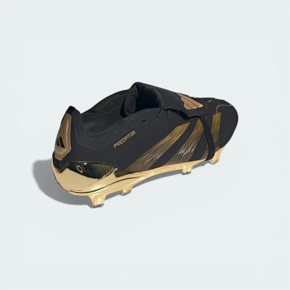 Rear view focusing on the external heel support and the gold detailing that runs toward the Primeknit collar.