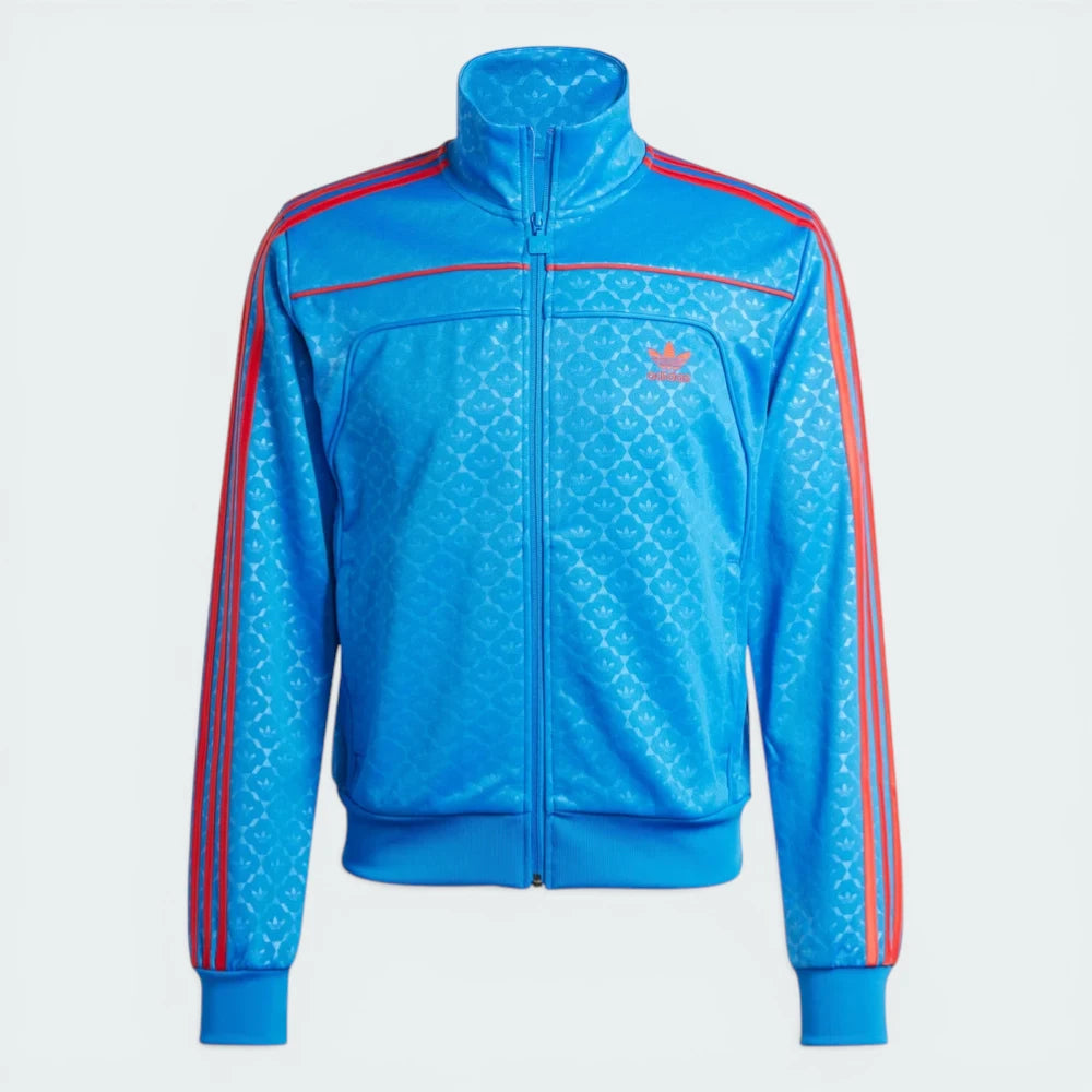 Top-down view of the jacket laid flat, showcasing the symmetrical full-zip design and the rich blue colorway.