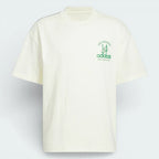 Overhead view of the t-shirt laid flat, highlighting the bold green graphics and the clean ribbed crewneck.