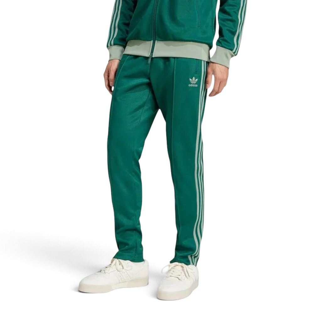 Front profile of the Collegiate Green adidas Beckenbauer track pants, highlighting the Silver Green 3-Stripes running down the leg. Main image