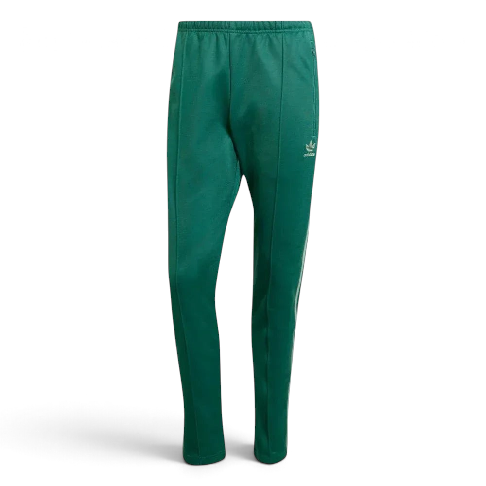 Main profile of the Collegiate Green adidas Beckenbauer track pants, highlighting the Silver Green 3-Stripes running down the leg.