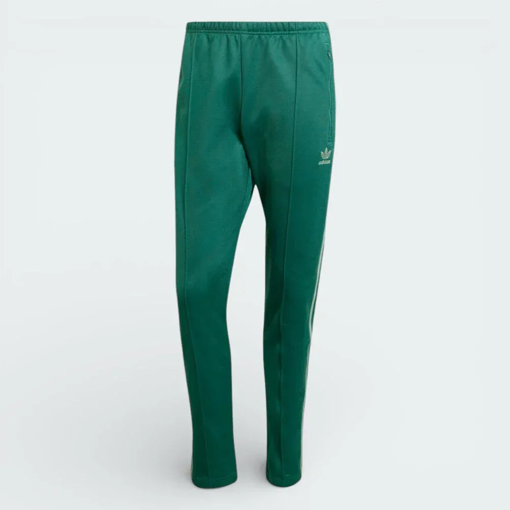 Main profile of the Collegiate Green adidas Beckenbauer track pants, highlighting the Silver Green 3-Stripes running down the leg.