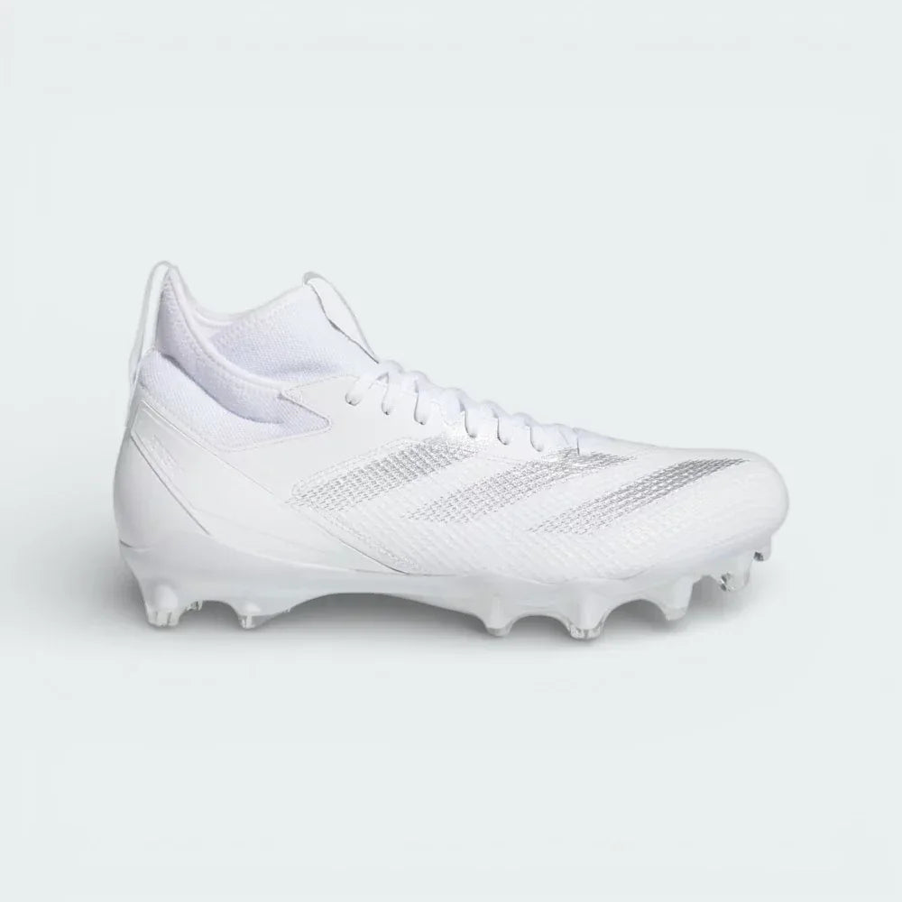Side profile of the Cloud White adidas Adizero Impact Speed Juice, showing the Silver Metallic stripes and the low-profile aerodynamic design.