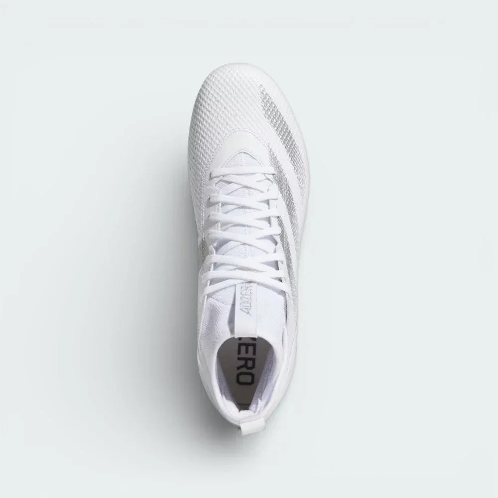 Top-down view of the white football cleats, highlighting the breathable stretch mesh upper and the secure lacing system.