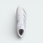 Top-down view of the white football cleats, highlighting the breathable stretch mesh upper and the secure lacing system.