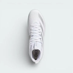Top-down view of the white football cleats, highlighting the breathable stretch mesh upper and the secure lacing system.