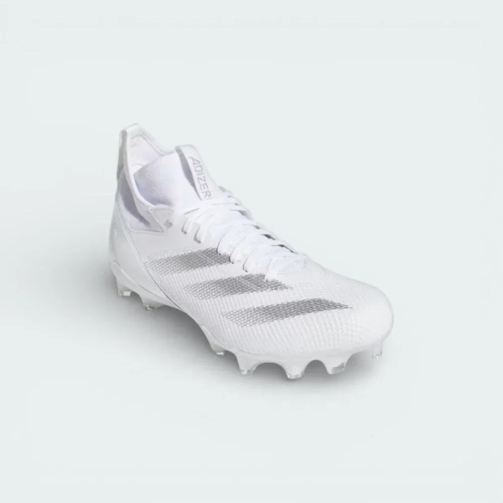Angled shot of both Adizero Speed Juice cleats side by side, showcasing the shimmering silver accents and lightweight athletic build.