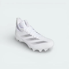 Angled shot of both Adizero Speed Juice cleats side by side, showcasing the shimmering silver accents and lightweight athletic build.
