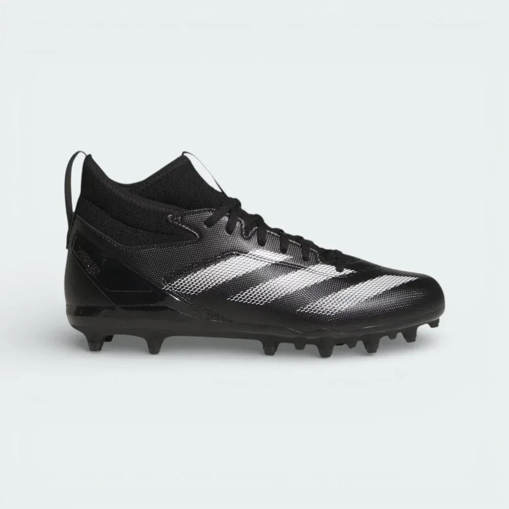 Side profile of the Core Black adidas Adizero Impact.2 cleats, showing the aerodynamic low-profile silhouette and white Three Stripes branding. Main image