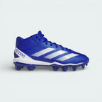 Side profile of the Royal Blue adidas Adizero Impact.2 cleats, showing the three white stripes and the aerodynamic mid-top silhouette.