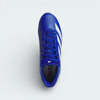 Top-down view of the blue football cleats, highlighting the textured upper, blue lacing system, and padded tongue.