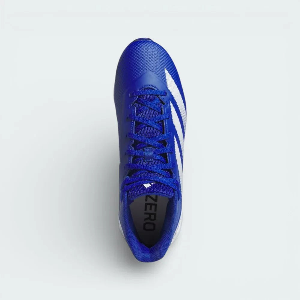Top-down view of the blue football cleats, highlighting the textured upper, blue lacing system, and padded tongue.