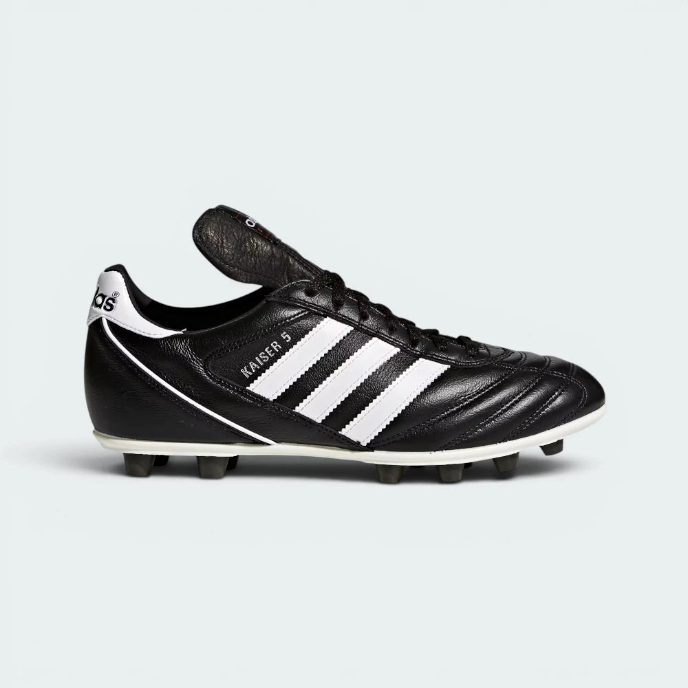 Highlights the high-velocity sweep of the white leather 3-Stripes, showing the professional, rich sheen of the black full-grain leather upper and the classic white kaiser branding text. Main image