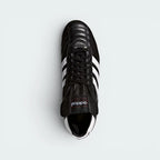 Focuses on the tightly locked-in lace closure layout, showing the clean alignment of the fold-over tongue and the intricate white stitching lines reinforcement framing the toe box.