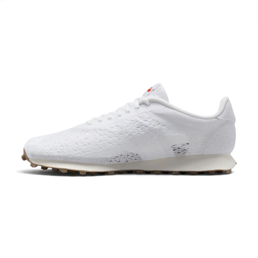 Clean lateral side profile highlighting the breathable white Flyknit weave, synthetic leather heel overlay, and flared midsole geometry.