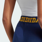 Close-up of adidas Booty Shorts Women's IL2421 elastic logo waistband with branded detailing
