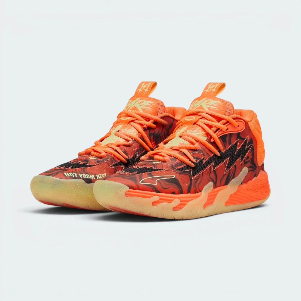 Emphasising the locked-in woven upper and the professional "Orange/Black" colour depth.