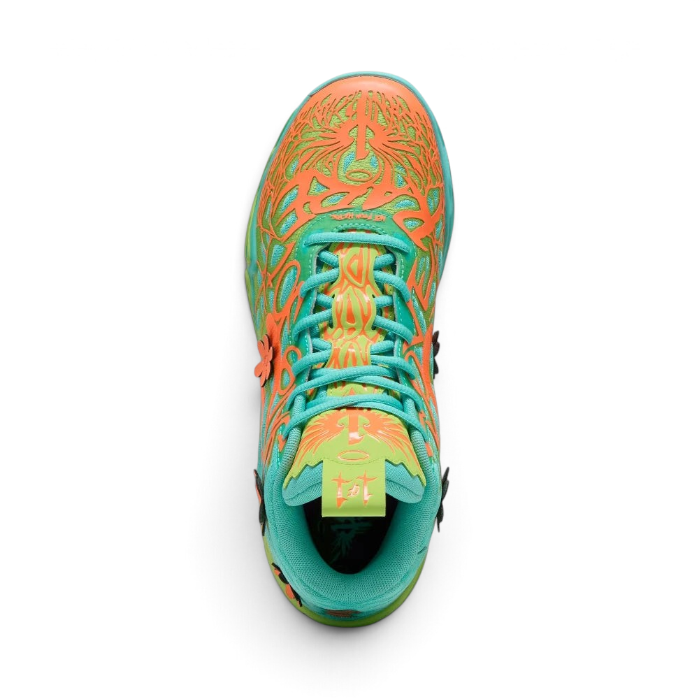 Focuses on the locked-in lacing system and the professional LaMelo branding on the tongue.