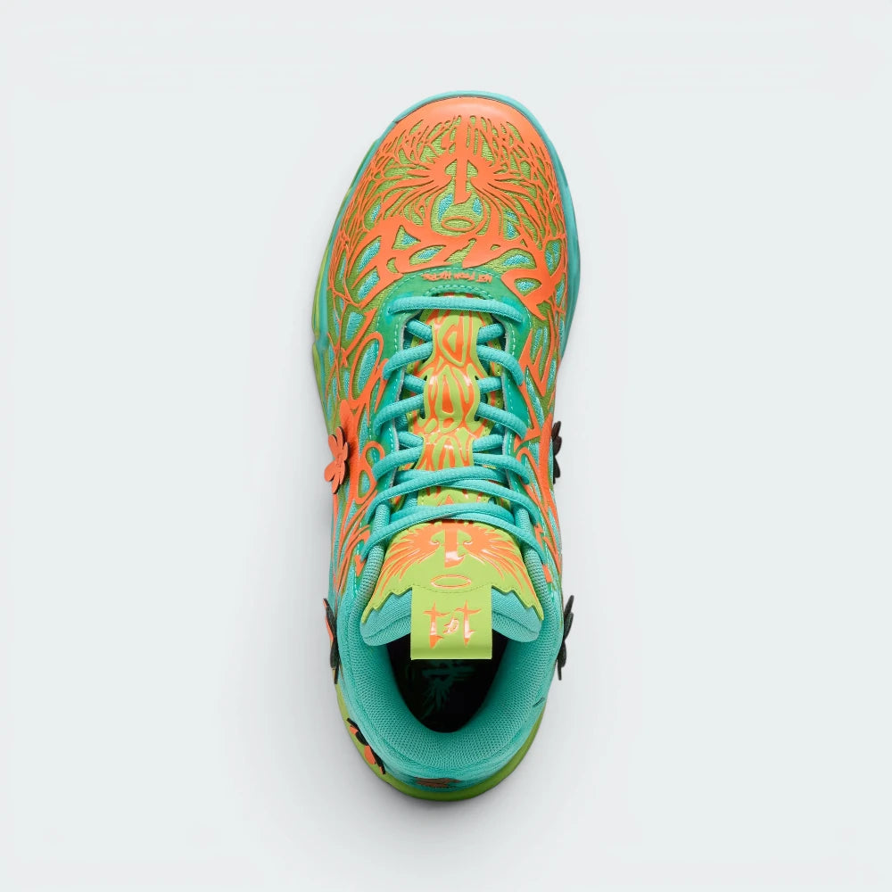 Focuses on the locked-in lacing system and the professional LaMelo branding on the tongue.